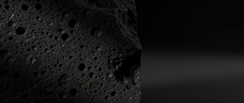 Macro view of a dark volcanic lava rock or meteorite on a black background.