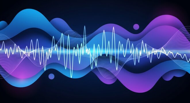 Blue and purple fluid waves with sound wave line