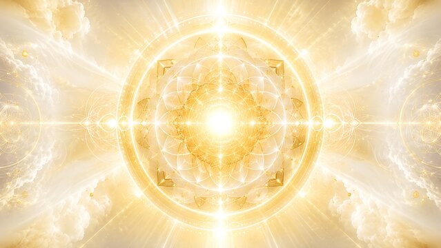 Golden Sacred Geometry Portal with Radiant Circular Energy Rings