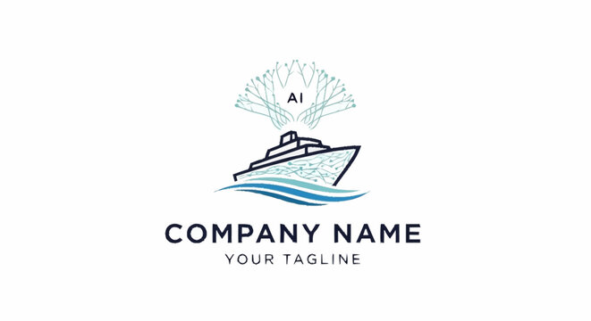 Minimalist cruise ship logo design with waves and sunburst.