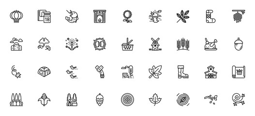 Autumn icon set. Minimal vector icons pack. Includes symbols for lantern, calendar, fishing, fireplace, sunflower, sunset, leaf, chestnut, windmill, tent and more. © wang