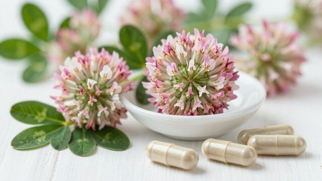 Close-up of vibrant pink-red clover blossoms in a small bowl alongside beige herbal capsules on a white wooden surface. Represents natural women's health remedies.