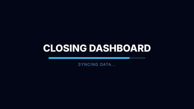 Closing dashboard, syncing data animation, loading progress bar, seamless loop, symbolizing data processing and technology