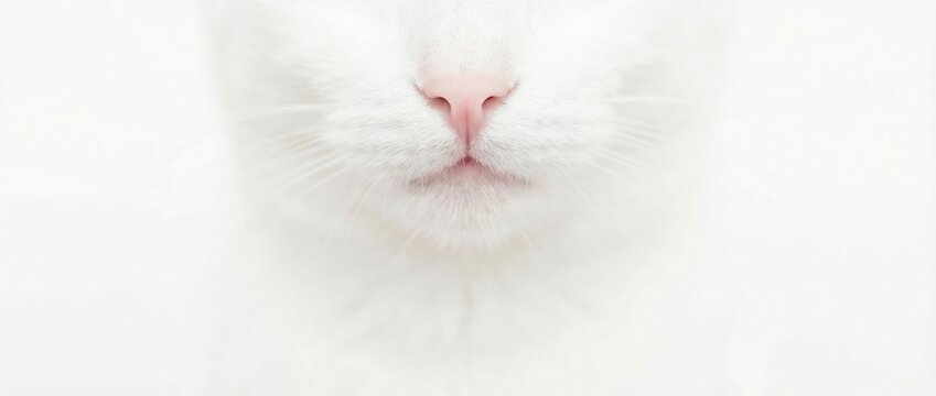 White cat face, close up of pink nose. Feline pet animal concept. Cute muzzle for greeting card. Cloud Dancer color of 2026. Banner with copy space
