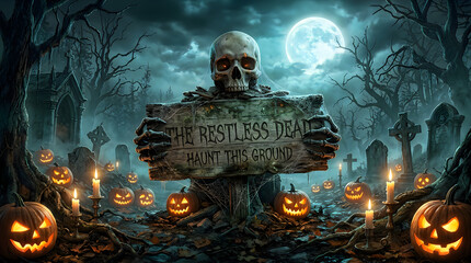 Obraz premium Happy Halloween day Spooky Halloween graveyard with skull holding The Restless Dead sign, misty cemetery landscape with glowing jack o lanterns, eerie moonlight scene nice jpg