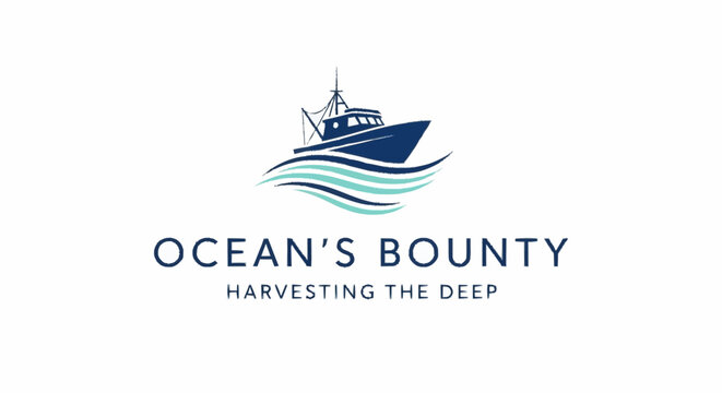 Blue fishing boat logo design with ocean waves and text.