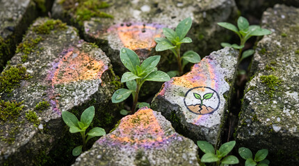 Obraz premium Small green plants growing through cracked pavement with iridescent oil stains and sprout icon representing resilience and nature recovery