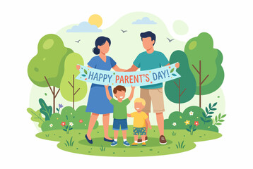 Fototapeta premium Cheerful Family with Happy Parents Day Banner in a Sunny Park
