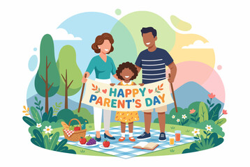 Fototapeta premium Happy Family Celebrating Parents Day with Banner in Sunny Park Picnic