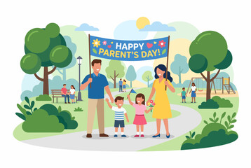 Fototapeta premium Happy Family Holding Parent's Day Banner in Sunny Public Park