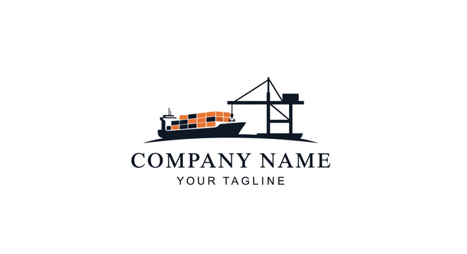 Minimalist shipping company logo with crane and container ship.