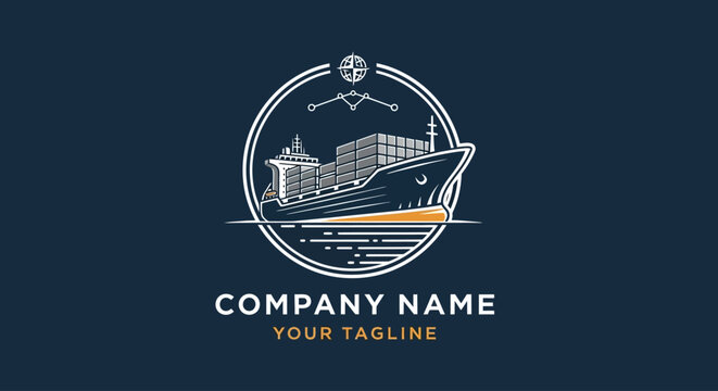 Minimalist shipping company logo with ship and containers on dark background.