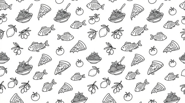 Seamless vector pattern of black line art Mediterranean food doodles isolated on white background