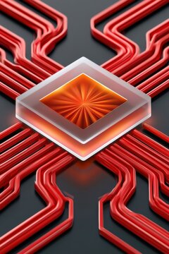 High-tech glowing microchip and red circuit pathways on dark futuristic background