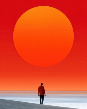 Solitary figure walking toward giant red sun over calm ocean in minimalist composition