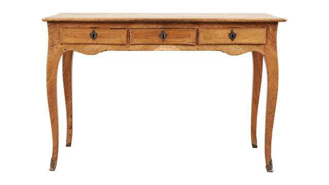 Antique French Wooden Writing Desk with Drawers Isolated on White Background