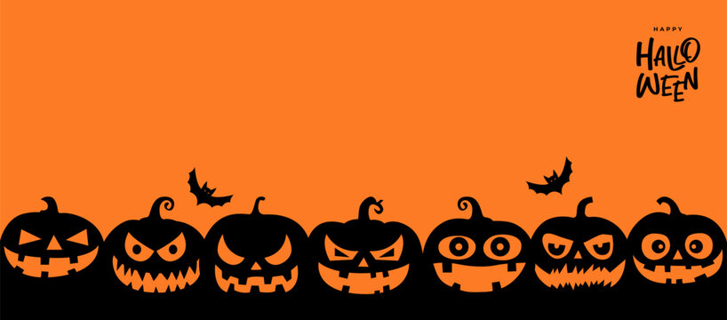 Modern Halloween Seamless Background with Cute and Spooky Jack O Lantern Pumpkins. Flat vector illustration for banners, party invitations, seasonal branding, packaging, posters and social media.