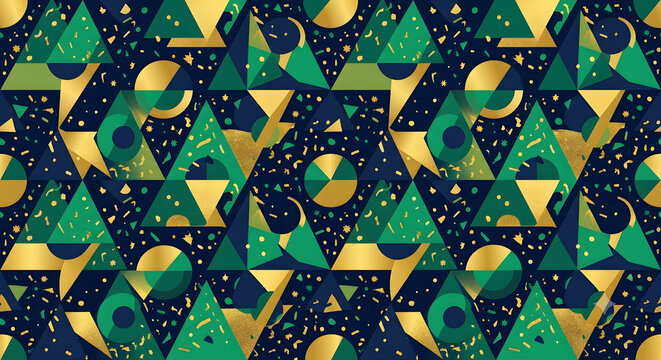 Geometric seamless pattern with gold and emerald green triangles, luxury abstract background with metallic circles, elegant art deco textile design
