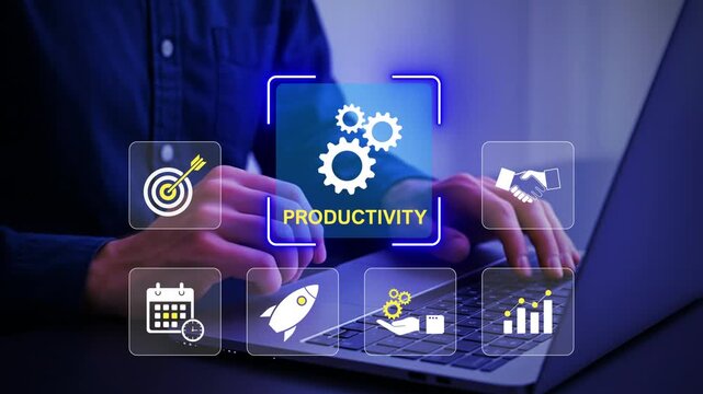 Everyday user interacting with an AI productivity dashboard on a laptop, showing workflow automation, performance optimization, task management, data-driven efficiency accessible to everyone