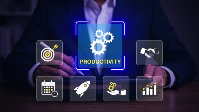 Everyday user interacting with an AI productivity dashboard on a laptop, showing workflow automation, performance optimization, task management, data-driven efficiency accessible to everyone
