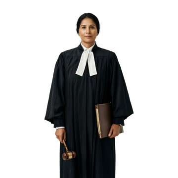 Judge gavel robe middle aged South Asian woman standing isolated on a transparent background for legal and justice concepts