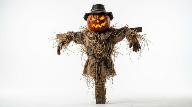 Handmade halloween scarecrow with jack o' lantern head and rustic clothing