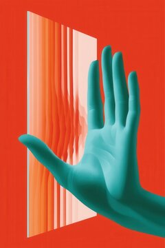 Surreal teal hand reaching toward abstract glass panel on bold red background