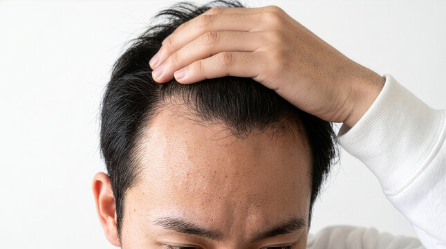 Asian man checking his receding hairline in the mirror