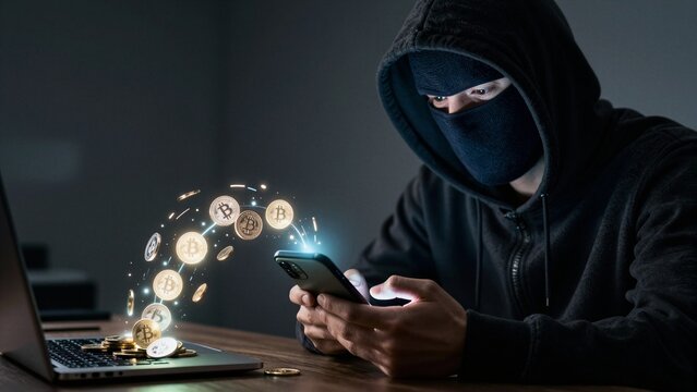 A masked figure in a black hoodie uses a smartphone to steal Bitcoin, with glowing cryptocurrency coins floating from the device towards a laptop.