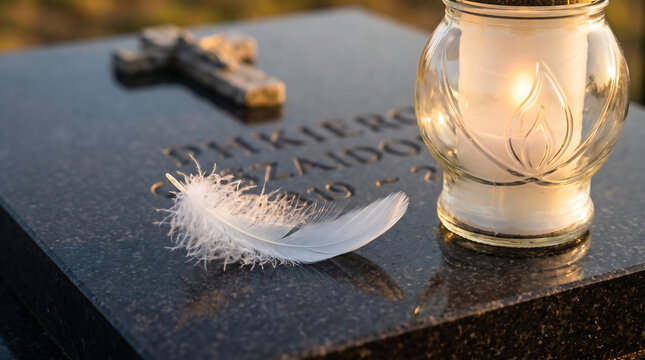 A Feather and Candle on a Gravestone, Symbolizing Remembrance and Loss