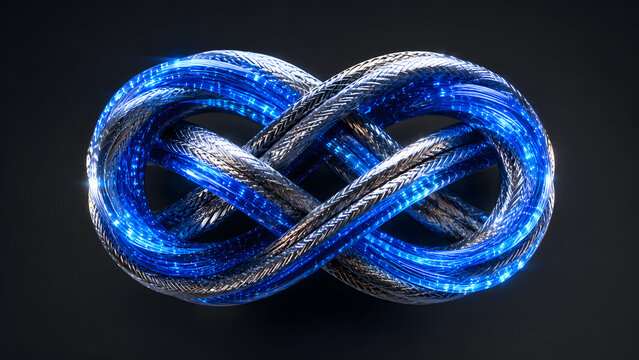 Glowing blue crystal infinity loop knot with metallic wire details, representing eternal business partnership, strategic alliance, corporate unity and connection, 3d render