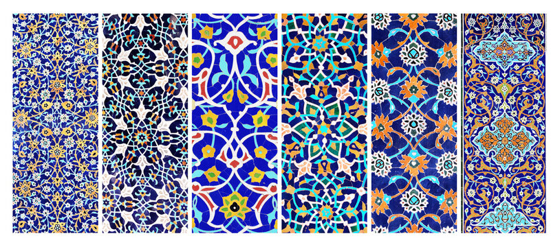 Set of horizontal or vertical banners with detail of ancient mosaic walls with floral and geometric ornaments. Collection of background with traditional islamic tile decoration. Tile decor on old wall