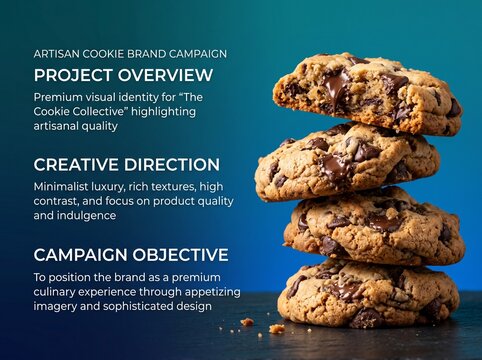 Artisan chocolate chip cookie brand campaign presentation, premium bakery project overview with stacked cookies, culinary visual identity design