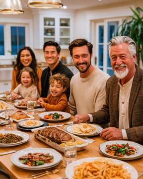Multigenerational family enjoying a warm dinner together at home with grandparents and toddlers smiling