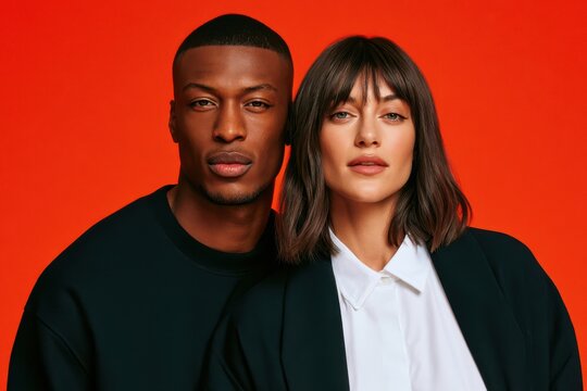 Stylish diverse couple portrait against bright red background conveying modern fashion and confidence
