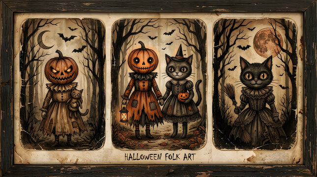 Happy Halloween day Vintage Halloween folk art illustration, spooky pumpkin head and black cat characters, antique triptych style autumn decor with bats and full moon nice jpg