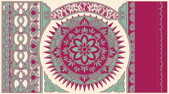 Ornamental Indian mandala pattern with paisley and floral motifs in shades of magenta and teal on a cream background.
