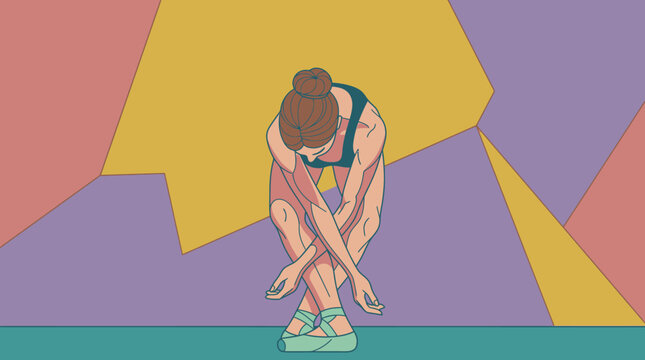 Ilustracja przedstawiająca tancerkę baletową w pozycji pochylonej, wykonującą klasyczny ukłon na tle abstrakcyjnego, wielokolorowego wzoru geometrycznego w stylu płaskiego designu.