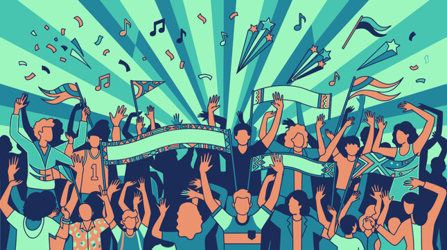 Ilustraci&oacute;n vectorial de una multitud entusiasta celebrando en un evento deportivo o concierto con banderas, confeti y notas musicales sobre un fondo de rayos de luz retro.