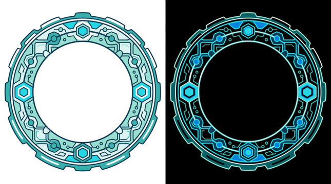 Marco circular de estilo futurista con dise&ntilde;o tecnol&oacute;gico de circuitos en tonos cian y azul, ideal para interfaces de usuario, elementos de juegos o gr&aacute;ficos digitales modernos.