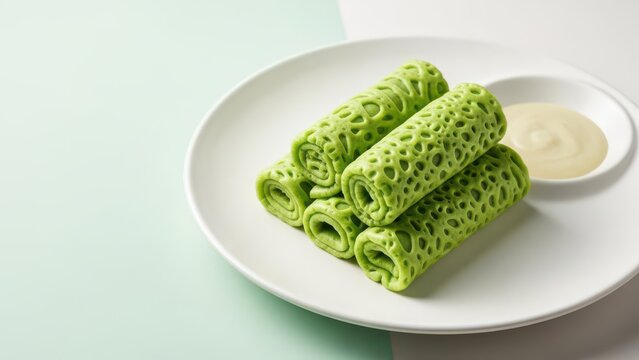 Green Pandan Roti Jala Dessert Rolls on White Plate