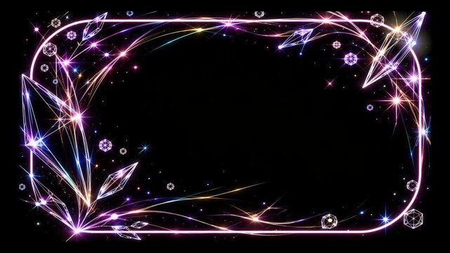 虹色に輝くネオンライトとクリスタルの華やかな装飾フレーム・背景透過MOV