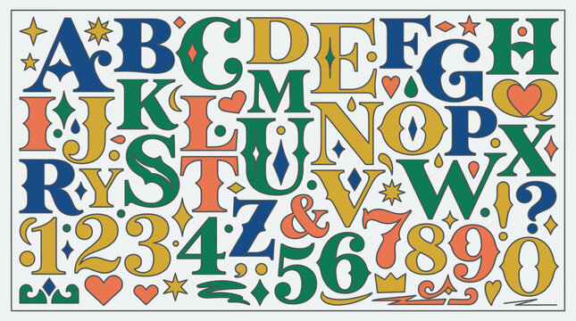 Ein dekoratives Alphabet mit Zahlen und Symbolen im Vintage-Stil, gestaltet mit einer bunten Farbpalette aus Blau, Gr&uuml;n, Gelb und Koralle auf einem hellen Hintergrund.