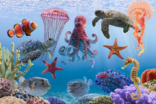 Vibrant underwater ocean scene with diverse sea creatures and coral reefs