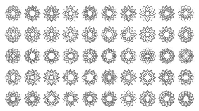 Eine Sammlung von f&uuml;nfzig verschiedenen kreisf&ouml;rmigen Mandala-Ornamenten und floralen geometrischen Symbolen in schwarzer Linienf&uuml;hrung auf wei&szlig;em Hintergrund f&uuml;r Grafikdesign
