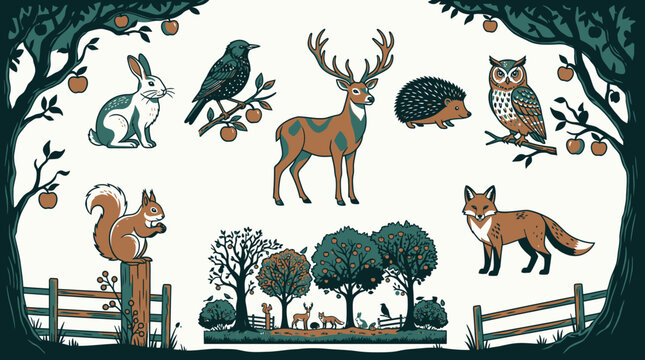 Conjunto de ilustraciones vectoriales de animales del bosque con ciervo, zorro, b&uacute;ho, conejo, erizo y ardilla en un entorno natural con &aacute;rboles frutales y vallas de madera