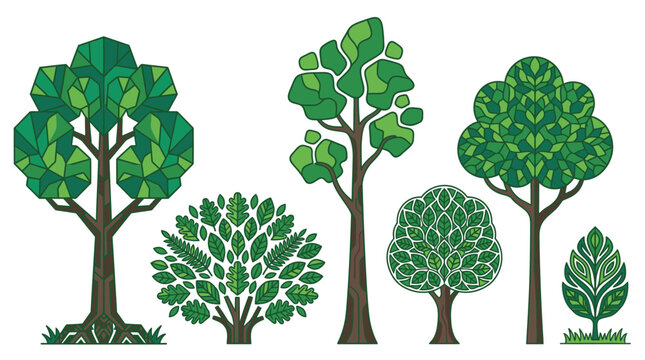 Illustrazione stilizzata di diversi alberi e arbusti verdi con fogliame geometrico su sfondo bianco.