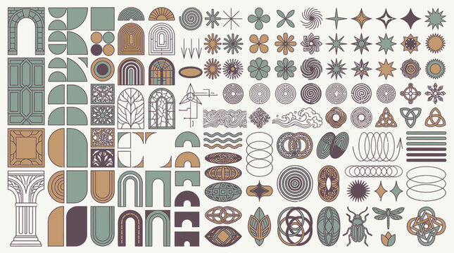 Eine umfangreiche Sammlung von modernen geometrischen Formen, abstrakten Symbolen und architektonischen Elementen im minimalistischen Boho-Stil auf hellem Hintergrund