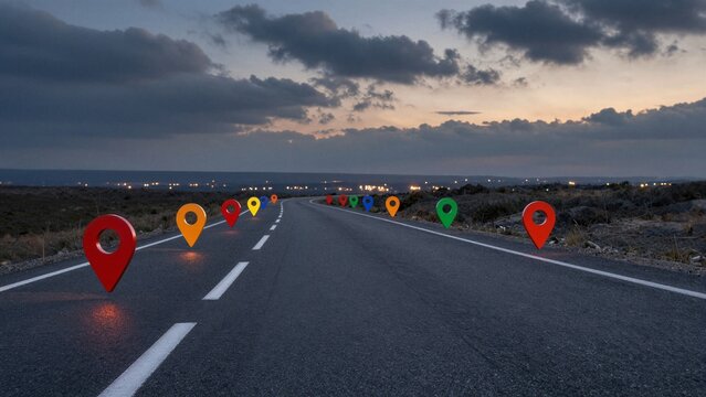 A winding asphalt road stretches into the distance under a dramatic twilight sky, lined with vibrant red, orange, yellow, blue and green map location pins symbolizing travel milestones.