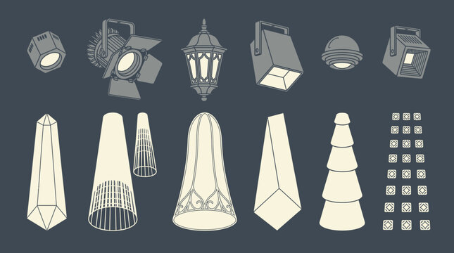 Ensemble d'ic&ocirc;nes vectorielles illustrant divers types de luminaires, projecteurs de sc&egrave;ne, lampes suspendues et designs d'&eacute;clairage modernes et classiques sur fond sombre.